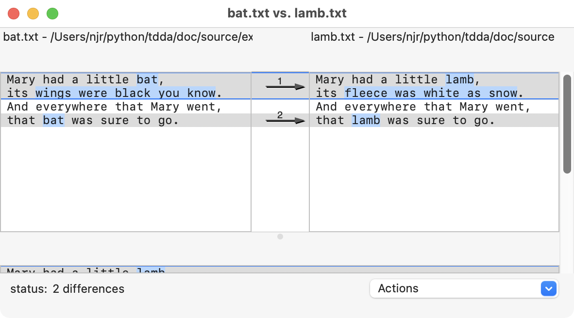 Opendiff Output for bat.txt and lamb.txt